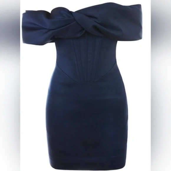 House of CB Nurul Satin Off Shoulder Mini Dress Navy Small - Picture 2 of 11